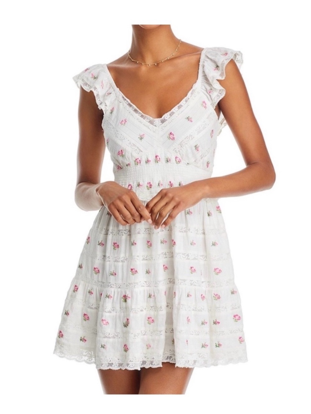 LoveShackFancy White Mini Dress with Punk Embroidered Flowers XL
